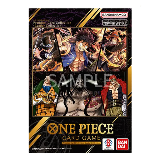 One Piece Card Game: Premium Card Collection - Leader Collection featuring character illustrations of Sabo, Luffy, Ace, Crocodile, Kaido, and Eustass Kid.