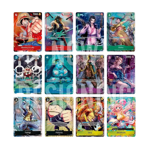 A grid of twelve One Piece Card Game: Premium Card Collection - Bandai Card Games Fest 23-24 Edition trading cards featuring characters such as Luffy, Brook, Izo, Okiku, Sentomaru, Jinbe, Jack, Black Maria, Tashigi, Fukurou, Sanji, and Shirahoshi.