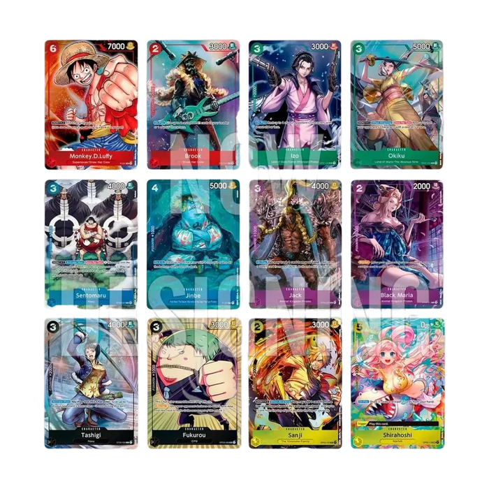 A grid of twelve One Piece Card Game: Premium Card Collection - Bandai Card Games Fest 23-24 Edition trading cards featuring characters such as Luffy, Brook, Izo, Okiku, Sentomaru, Jinbe, Jack, Black Maria, Tashigi, Fukurou, Sanji, and Shirahoshi.