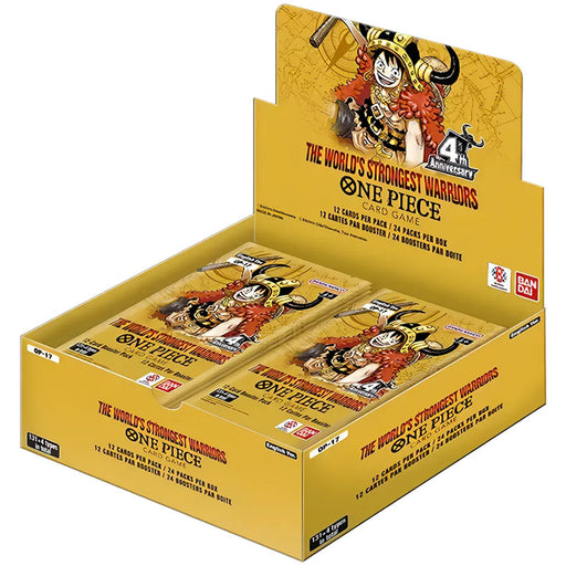 A Bandai One Piece Card Game: The World’s Strongest Warriors Booster Box (OP17) contains 24 booster packs, showcases artwork of a character wearing a horned helmet, and commemorates the game’s 4th anniversary.
