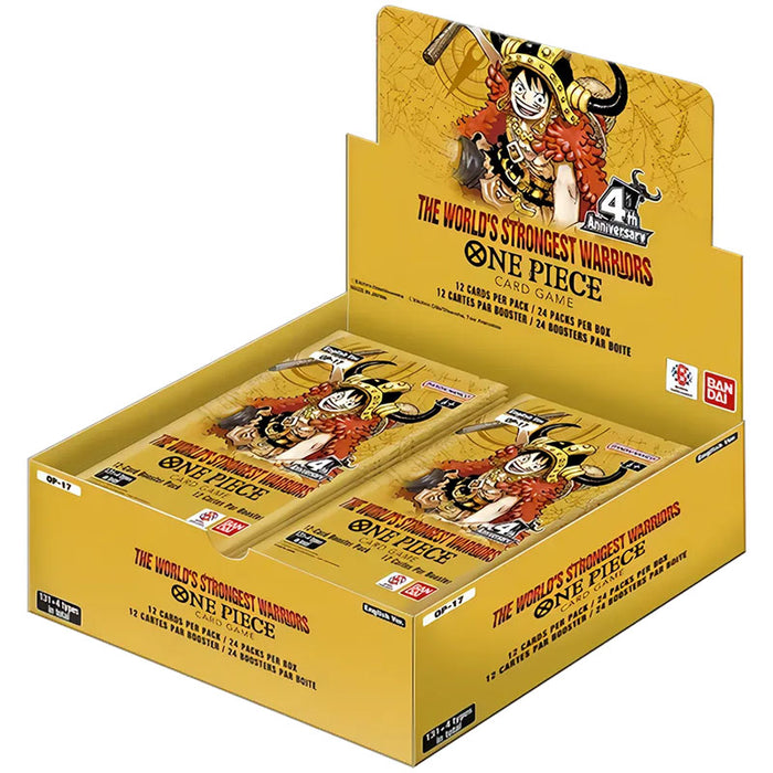 A Bandai One Piece Card Game: The World’s Strongest Warriors Booster Box (OP17) contains 24 booster packs, showcases artwork of a character wearing a horned helmet, and commemorates the game’s 4th anniversary.
