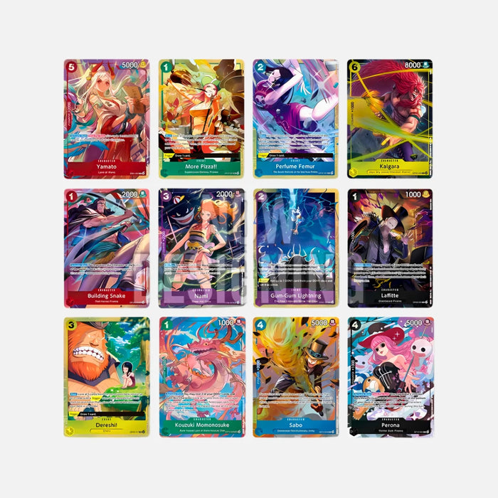 A collection of twelve Bandai One Piece Card Game: Premium Card Collection - Best Selection Vol.4 trading cards arranged in three rows, each featuring a different character and game statistics.