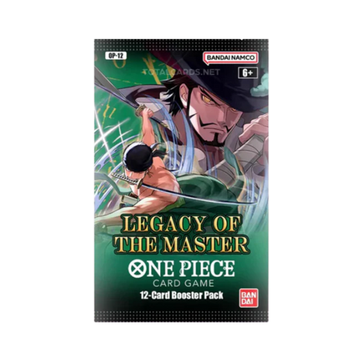 A One Piece Card Game: Legacy of the Master Booster Pack (OP-12) by Bandai, featuring two characters in an action pose with striking green and black graphics. Each booster pack contains 12 cards.
