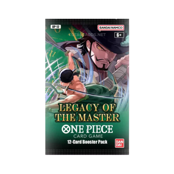A One Piece Card Game: Legacy of the Master Booster Pack (OP-12) by Bandai, featuring two characters in an action pose with striking green and black graphics. Each booster pack contains 12 cards.