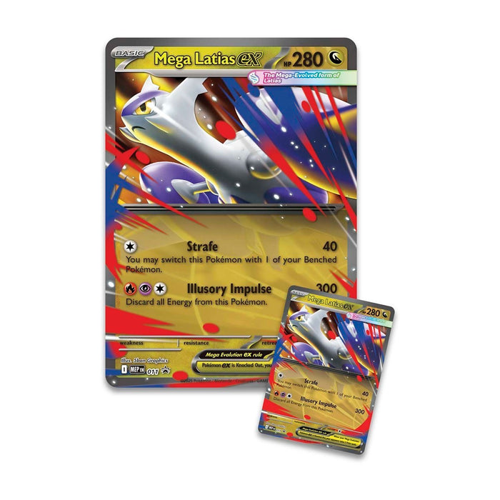 The Pokémon TCG: Mega Latias ex Box by The Pokémon Company is displayed, featuring two Mega Latias ex cards—one oversized and one standard—with vivid artwork of Latias in motion highlighted by dynamic blue, red, and yellow tones. The card details and attacks are clearly shown, making it an impressive addition to any collection.