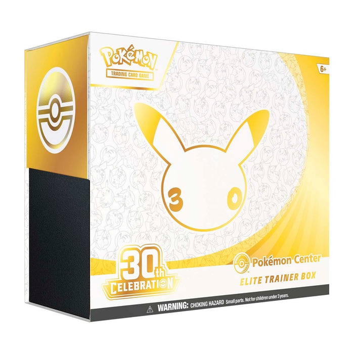 The Pokémon TCG: 30th Celebration Pokémon Center Elite Trainer Box by The Pokémon Company features a white and gold design with a Pikachu face outline displaying the number 30 on its cheek, adorned with Pokémon graphics, the official logo, and a small parts warning.