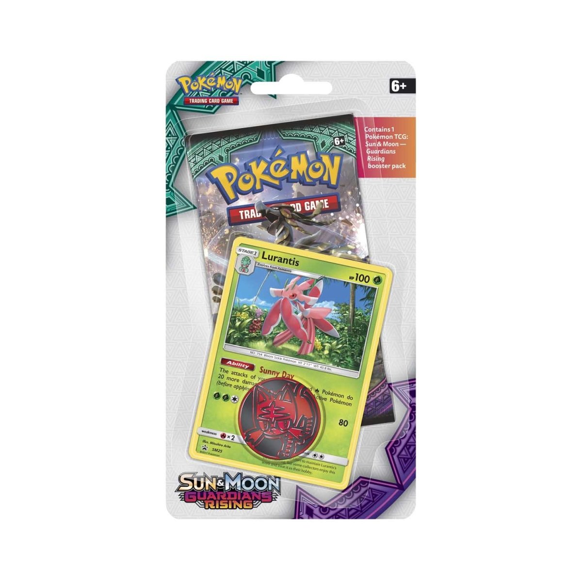 The Pokémon TCG: Sun & Moon Guardians Rising 1-Pack Blister by The Pokémon Company includes a special Lurantis promo card and one booster pack, all in brightly colored, sealed retail packaging with iconic Pokémon branding. Recommended for ages 6 and up.