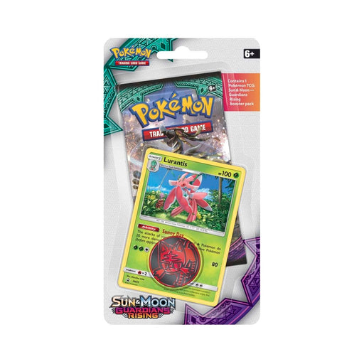 The Pokémon TCG: Sun & Moon Guardians Rising 1-Pack Blister by The Pokémon Company includes a special Lurantis promo card and one booster pack, all in brightly colored, sealed retail packaging with iconic Pokémon branding. Recommended for ages 6 and up.