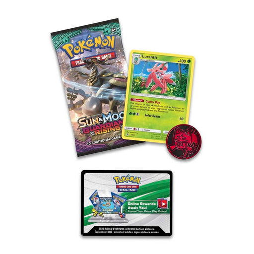 The Pokémon TCG: Sun & Moon Guardians Rising 1-Pack Blister by The Pokémon Company includes a trading card pack with Guardians Rising artwork, a Lurantis promo card, a red collectible coin, and an online game code card, all displayed on a white background.