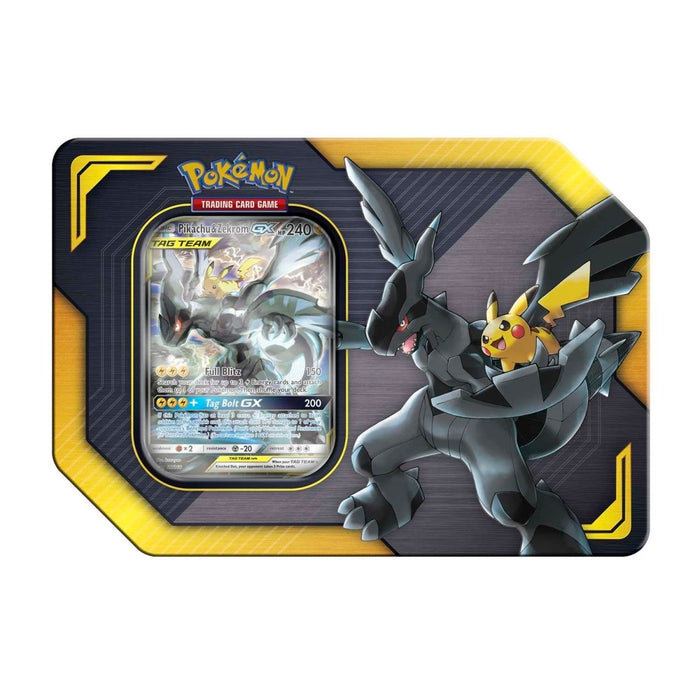 The Pokémon TCG: 2019 Tag Team Tin by The Pokémon Company features Pikachu and Zekrom, displaying a Pikachu & Zekrom-GX card on the left and showcasing artwork of both Pokémon on the right side of the tin.