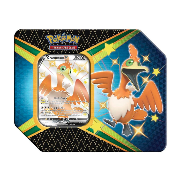 Introducing the Pokémon TCG: Shining Fates Collectors V Tin by The Pokémon Company, featuring a Cramorant V card illustrated in an excited pose against a striking black, blue, and gold geometric background with stars—an ideal choice for Shining Fates fans and collectors alike.