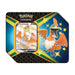 Introducing the Pokémon TCG: Shining Fates Collectors V Tin by The Pokémon Company, featuring a Cramorant V card illustrated in an excited pose against a striking black, blue, and gold geometric background with stars—an ideal choice for Shining Fates fans and collectors alike.
