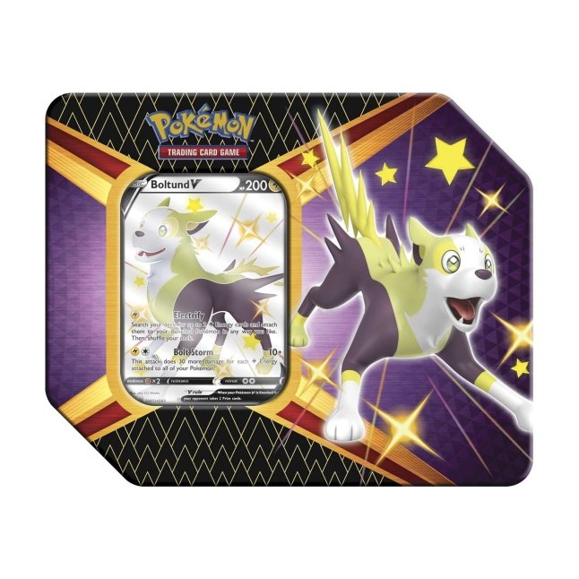 Experience the excitement of the Pokémon TCG: Shining Fates Collectors V Tin from The Pokémon Company. This exclusive tin showcases a vibrant black and purple design with yellow stars and electrifying lightning patterns, featuring a striking display of the Boltund V card alongside an illustration of the dynamic Pokémon Boltund on its front. As part of the popular Shining Fates series, this Collector’s V Tin is an essential addition for any dedicated fan or collector.