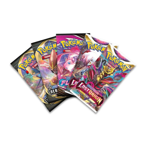 Five assorted booster packs from the Pokémon TCG: Hisuian Zoroark Vstar Collection by The Pokémon Company are displayed in a fan, each showcasing vibrant artwork and themes from different series—including Lost Origin, highlighted by the powerful Hisuian Zoroark Vstar, and Brilliant Stars—making this collection an essential addition for any Pokémon TCG enthusiast.