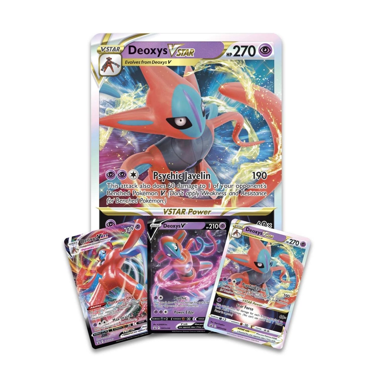 Four Deoxys Pokémon cards are showcased, featuring one oversized card at the back and three regular-sized cards in front that highlight different Deoxys forms with vibrant backgrounds. Presented as part of the sealed Pokémon TCG: Deoxys VMAX & VSTAR Battle Box from The Pokémon Company, this exclusive promo set is a must-have addition for collectors and fans.