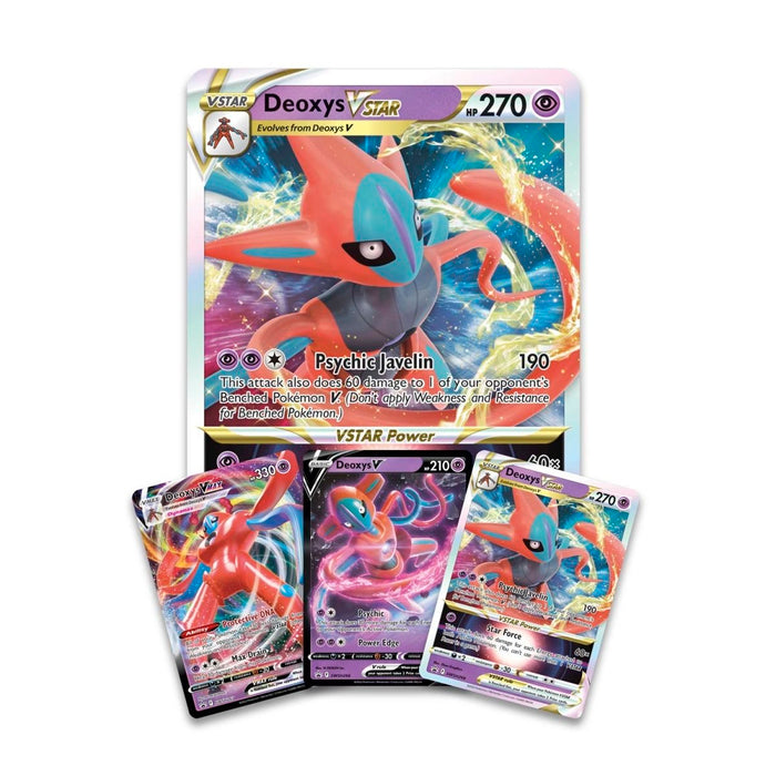 Four Deoxys Pokémon cards are showcased, featuring one oversized card at the back and three regular-sized cards in front that highlight different Deoxys forms with vibrant backgrounds. Presented as part of the sealed Pokémon TCG: Deoxys VMAX & VSTAR Battle Box from The Pokémon Company, this exclusive promo set is a must-have addition for collectors and fans.