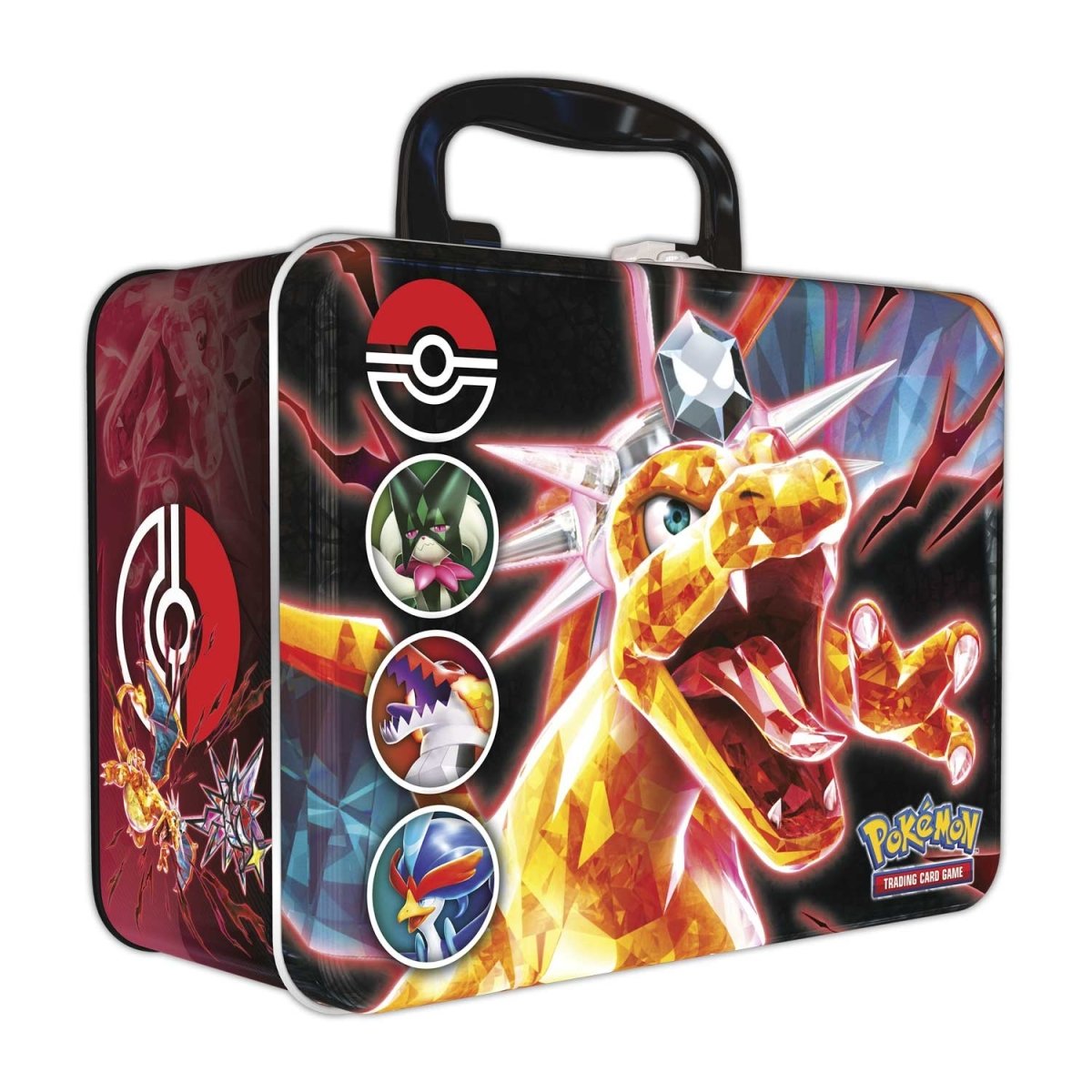 Pokémon TCG: Fall 2023 Collector Chest metal case with a handle, featuring an illustration of a crystalline Charizard and icons of three other creatures.