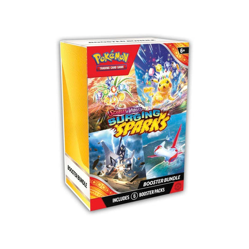 A Pokémon TCG: Surging Sparks Booster Bundle box from The Pokémon Company, showcasing vibrant Pokémon artwork, the official Pokémon logo, and text stating it contains 6 booster packs for ages 6 and up.
