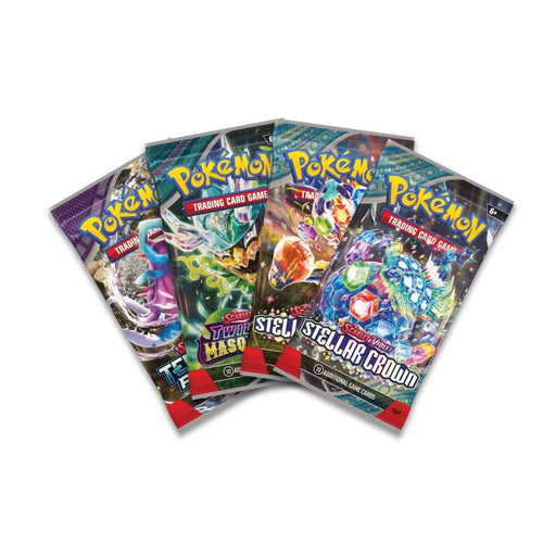 Four Pokémon Trading Card Game booster packs are displayed in a fan, each boasting vibrant artwork from different sets such as Stellar Crown and Twilight Masquerade from the Scarlet & Violet era, with the iconic Pokémon logo featured at the top of every pack. These packs make an ideal addition to any sealed collection or shine as a standout alongside your favorite products like The Pokémon Company’s Pokémon TCG: Houndstone ex Box.