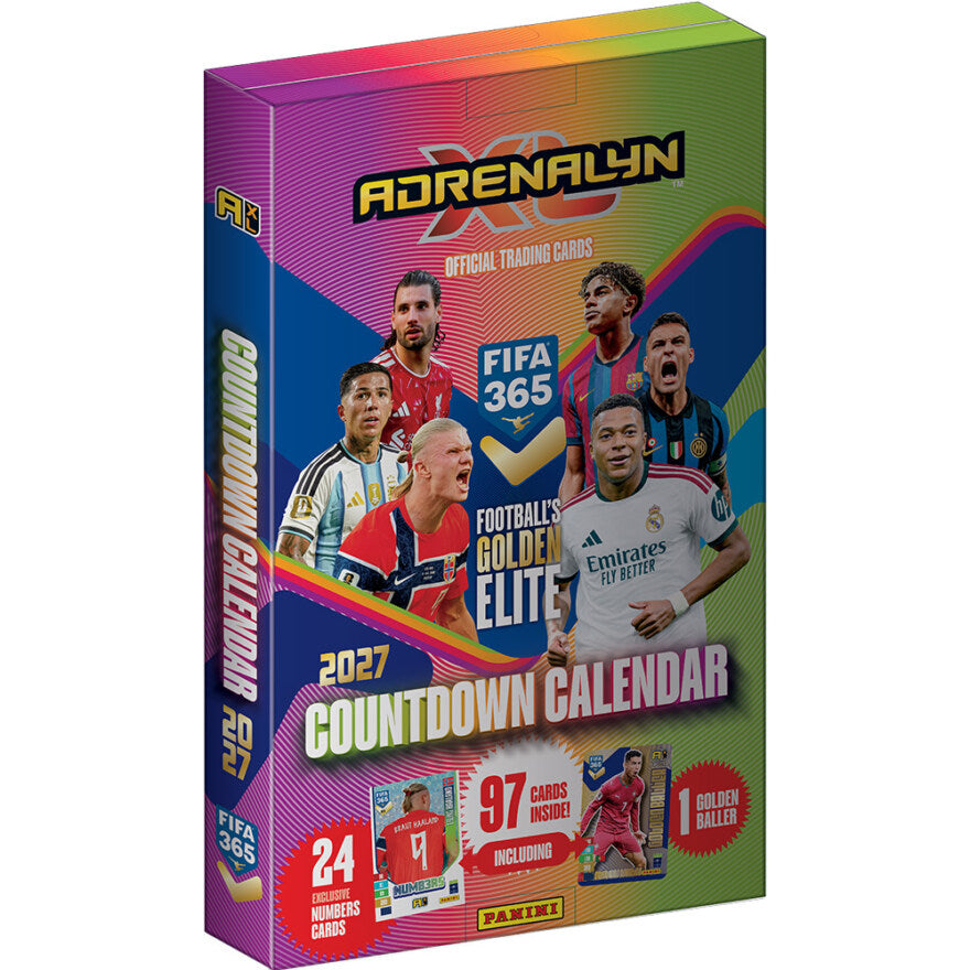Panini FIFA 365 AdrenXL 2027 Advent Calendar featuring professional soccer player photos and text highlighting 97 total cards, including 24 exclusive number cards and one golden baller card.