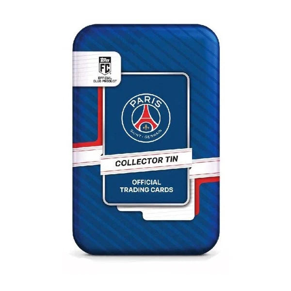 Rectangular Topps Collector Tin 2026/27 Paris Saint-Germain featuring the team logo, French text, and 35 included trading cards.