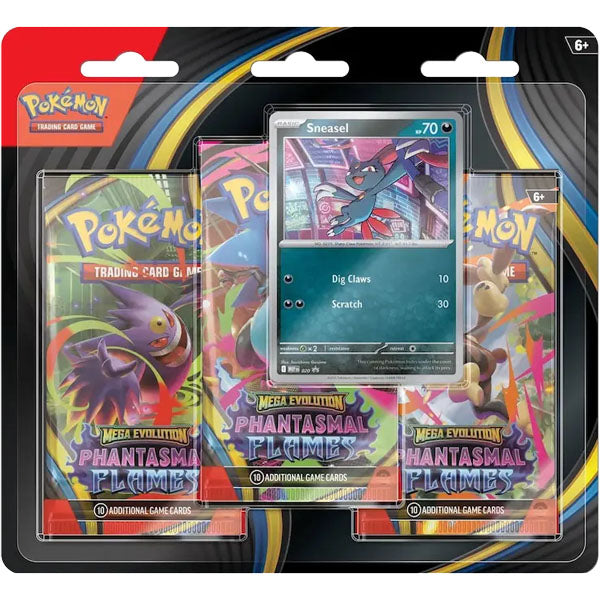 The Pokémon TCG: Phantasmal Flames 3-Pack Blister by The Pokémon Company includes three Phantasmal Flames booster packs and a special foil Weavile promo card, all in plastic packaging.