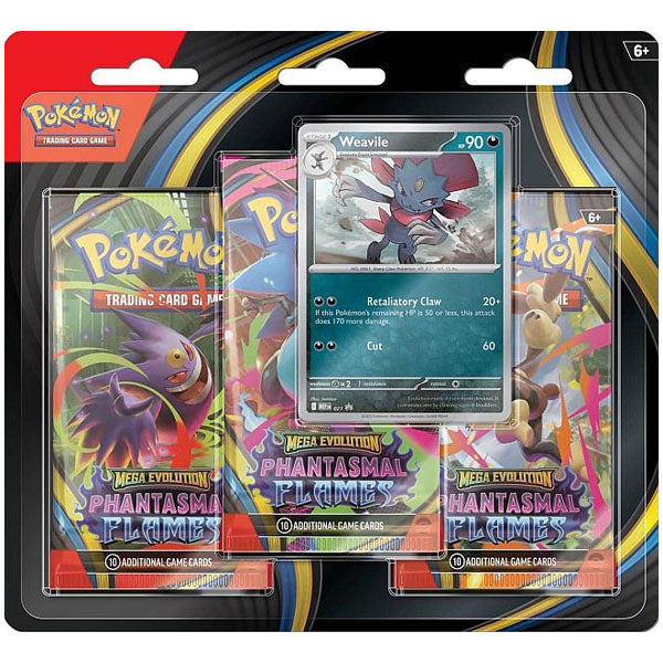 The Pokémon TCG: Phantasmal Flames 3-Pack Blister by The Pokémon Company includes three Phantasmal Flames booster packs and a special foil Weavile promo card, all in plastic packaging.