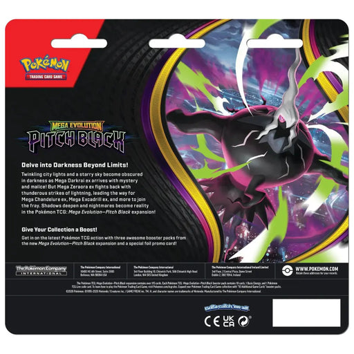 The back of the Pokémon TCG: Pitch Black 3-Pack Blister by The Pokémon Company features Mega Evolution Series artwork, showing a striking Mega Absol with glowing details and text outlining game features and pack contents.