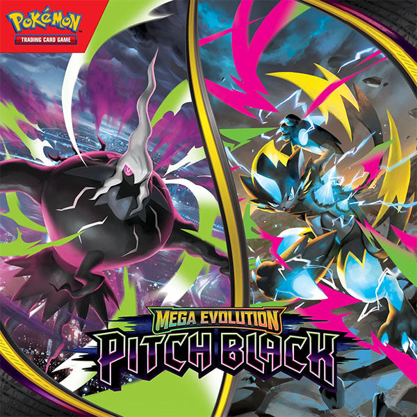 Two powerful Pokémon, Darkrai and Mega Manectric, face off in a dramatic, stormy setting with lightning and energy effects. The text reads Pokémon Trading Card Game and Mega Evolution Pitch Black.