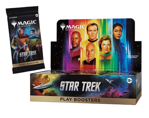A Wizards of the Coast Magic: The Gathering - Star Trek Play Booster Display box and a single booster pack from the Universes Beyond series, featuring iconic Star Trek characters and starships on vibrant packaging.