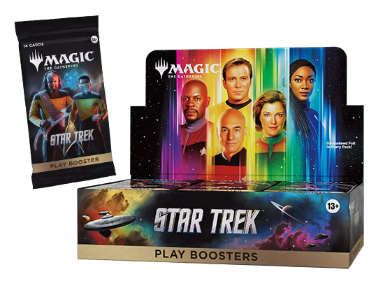 A Wizards of the Coast Magic: The Gathering - Star Trek Play Booster Display box and a single booster pack from the Universes Beyond series, featuring iconic Star Trek characters and starships on vibrant packaging.