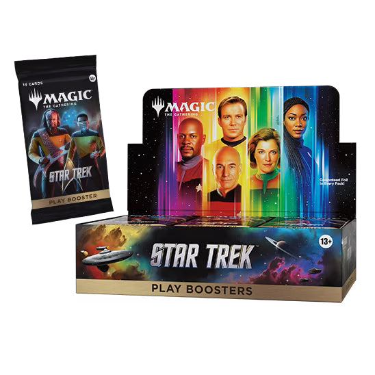 A Wizards of the Coast Magic: The Gathering - Star Trek Play Booster Display box and a single booster pack from the Universes Beyond series, featuring iconic Star Trek characters and starships on vibrant packaging.