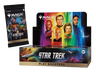 A Wizards of the Coast Magic: The Gathering - Star Trek Play Booster Display box and a single booster pack from the Universes Beyond series, featuring iconic Star Trek characters and starships on vibrant packaging.