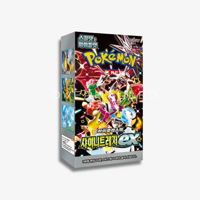 A Shiny Treasure ex Booster Box by The Pokémon Company, featuring colorful artwork of various Pokémon—including legendary and mythical ones—and bold Korean and English text that reads “Shiny Treasures ex.”.