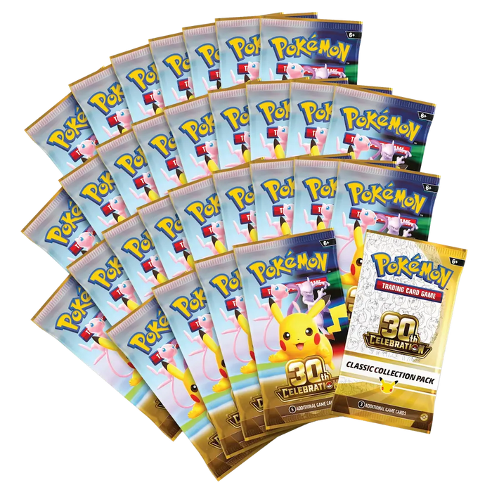 The Pokémon TCG: 30th Celebration Ultra-Premium Collections – Day & Night by The Pokémon Company includes 25 booster packs in a fan-shaped display, with regular packs and special Classic Collection packs featuring Pikachu.