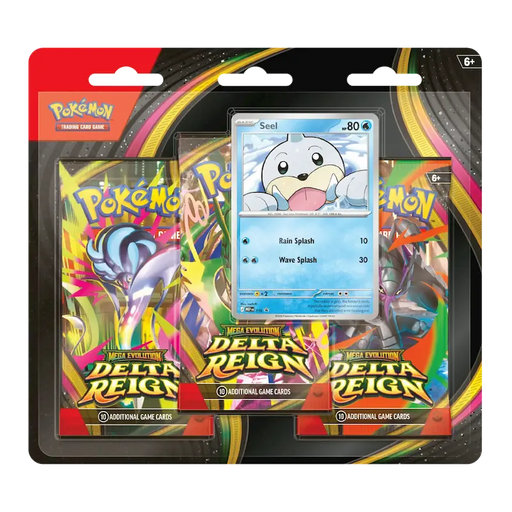 The Pokémon Company’s Pokémon TCG: Delta Reign - Seel 3-Pack Blister includes three booster packs and a prominently displayed Seel card in vibrant packaging—an ideal choice for collectors and fans of Mega Evolution Promos.