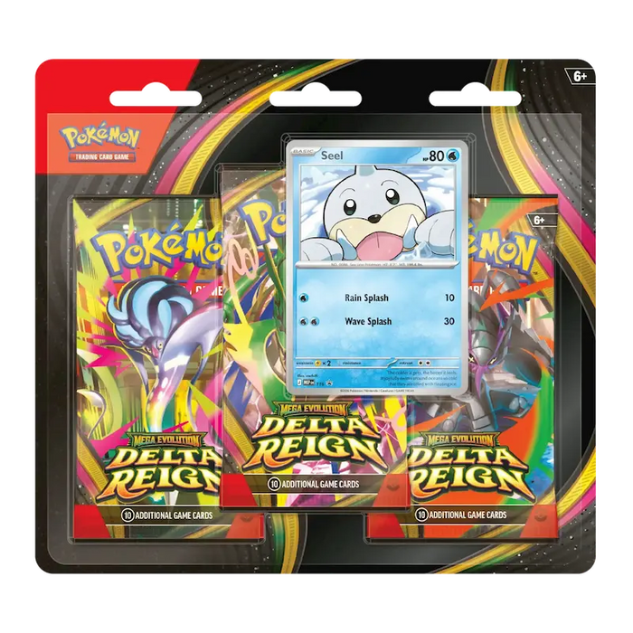 The Pokémon Company’s Pokémon TCG: Delta Reign - Seel 3-Pack Blister includes three booster packs and a prominently displayed Seel card in vibrant packaging—an ideal choice for collectors and fans of Mega Evolution Promos.