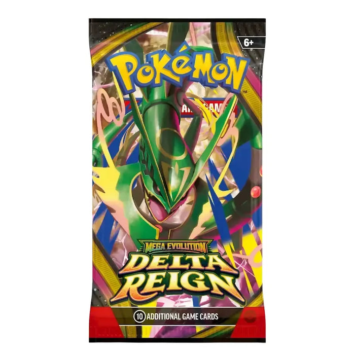 A Pokémon TCG: Delta Reign Booster Pack by The Pokémon Company featuring Rayquaza artwork, vibrant abstract designs, and the “Mega Evolution Delta Reign” text on the front. Suitable for ages 6 and up.