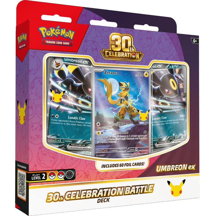 The Pokémon Company’s Pokémon TCG: 30th Celebration Battle Deck box showcases Umbreon ex, Zeraora, and Zoroark cards on the front with Pikachu graphics and a label stating "Includes 60 foil cards!.