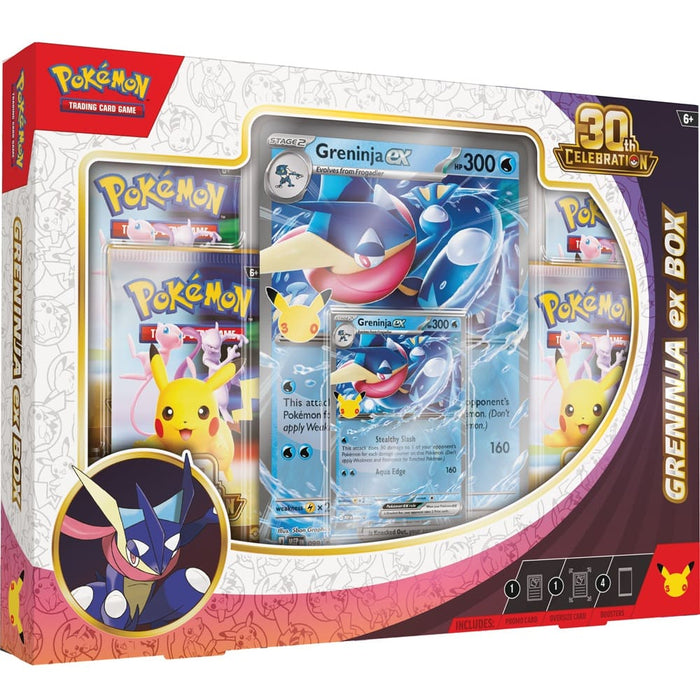 The Pokémon Company’s Pokémon TCG: 30th Celebration Pokémon ex Box includes a Greninja ex promo card, oversized Greninja ex card, four booster packs, and a Pikachu-themed box with bold yellow and red designs.