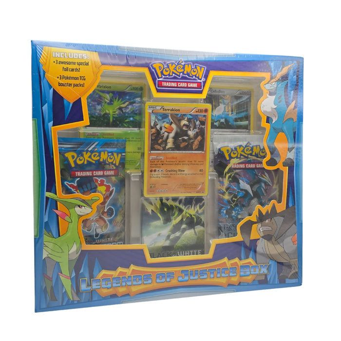 A sealed Pokémon TCG: Legends of Justice Box by The Pokémon Company, featuring three foil cards, three booster packs, and blue packaging adorned with artwork of Terrakion, Cobalion, and Virizion.