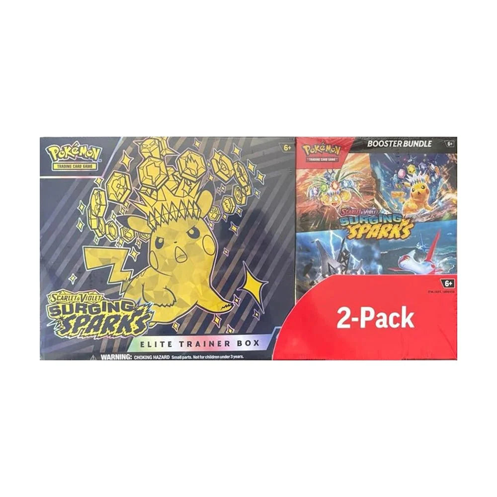 A Pokémon TCG: Surging Sparks Costco Bundle containing a Surging Sparks Elite Trainer Box and a two-pack booster bundle.
