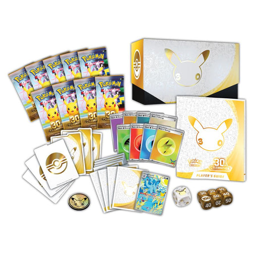 The Pokémon Company’s Pokémon TCG: 30th Celebration Elite Trainer Box includes booster packs, exclusive cards, dice, a guidebook, card sleeves, coins, and a storage box—all with special 30th anniversary designs.