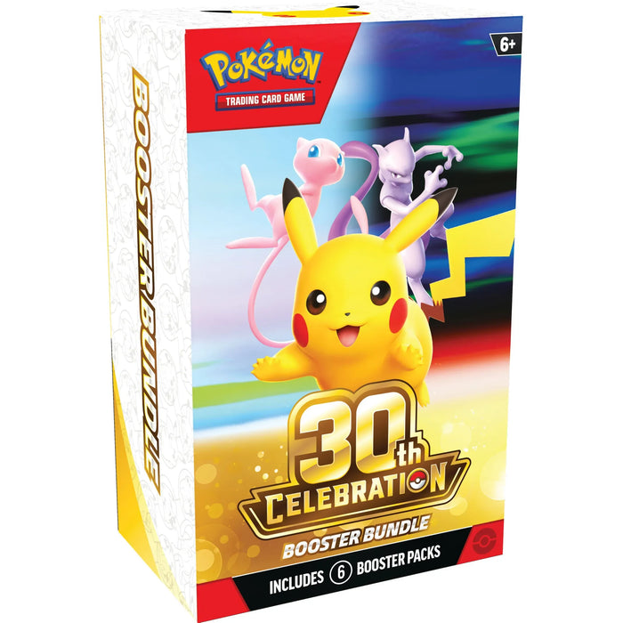 The Pokémon Company’s Pokémon TCG: 30th Celebration Booster Bundle features Pikachu, Mew, and Mewtwo artwork, includes 6 booster packs, and is designed for ages 6 and up.