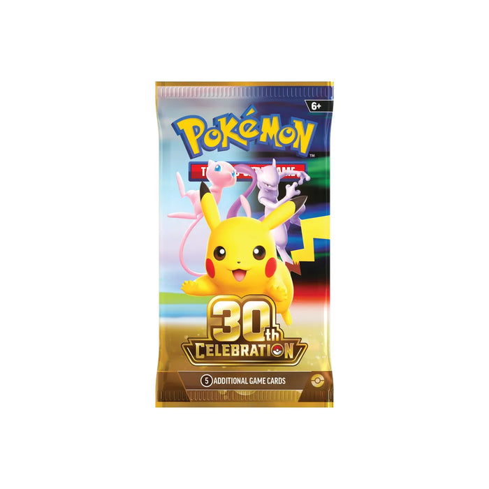 The Pokémon TCG: 30th Celebration Booster Pack by The Pokémon Company features Pikachu, Mew, and Mewtwo on a gold pack with a “30th Celebration” badge and contains 5 additional game cards.