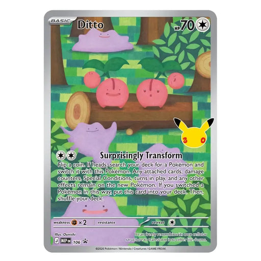 Here is your rewritten sentence using the provided product data: The Pokémon TCG: 30th Celebration Ditto Premium Collection by The Pokémon Company features a Ditto card displaying Ditto camouflaged among smiling pink blobs on a tree stump. This collectible includes game stats, a Pikachu decal, and text detailing its Surprisingly Transform ability—making it an essential addition to any collector’s samlerboks.