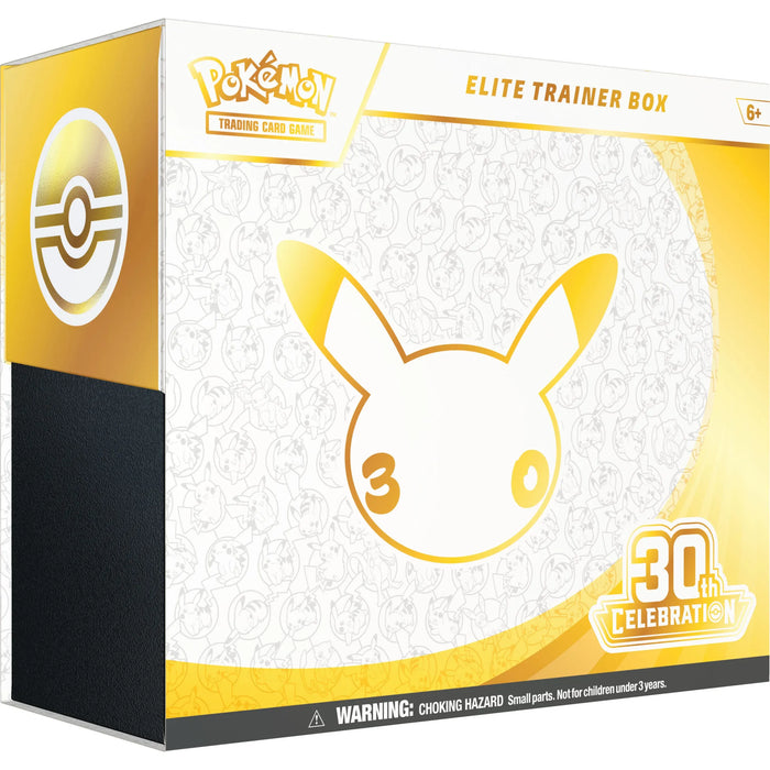 The Pokémon TCG: 30th Celebration Elite Trainer Box by The Pokémon Company features a gold and white design with a stylized Pikachu face, Poké Ball symbol, and includes a choking hazard warning for children under 3 years.