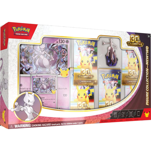 The Pokémon Company’s Pokémon TCG: 30th Celebration Figure Collection includes a Mewtwo card, several booster packs, and a Mewtwo figure in packaging with Mewtwo and Pikachu graphics.
