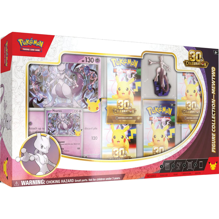 The Pokémon Company’s Pokémon TCG: 30th Celebration Figure Collection includes a Mewtwo card, several booster packs, and a Mewtwo figure in packaging with Mewtwo and Pikachu graphics.