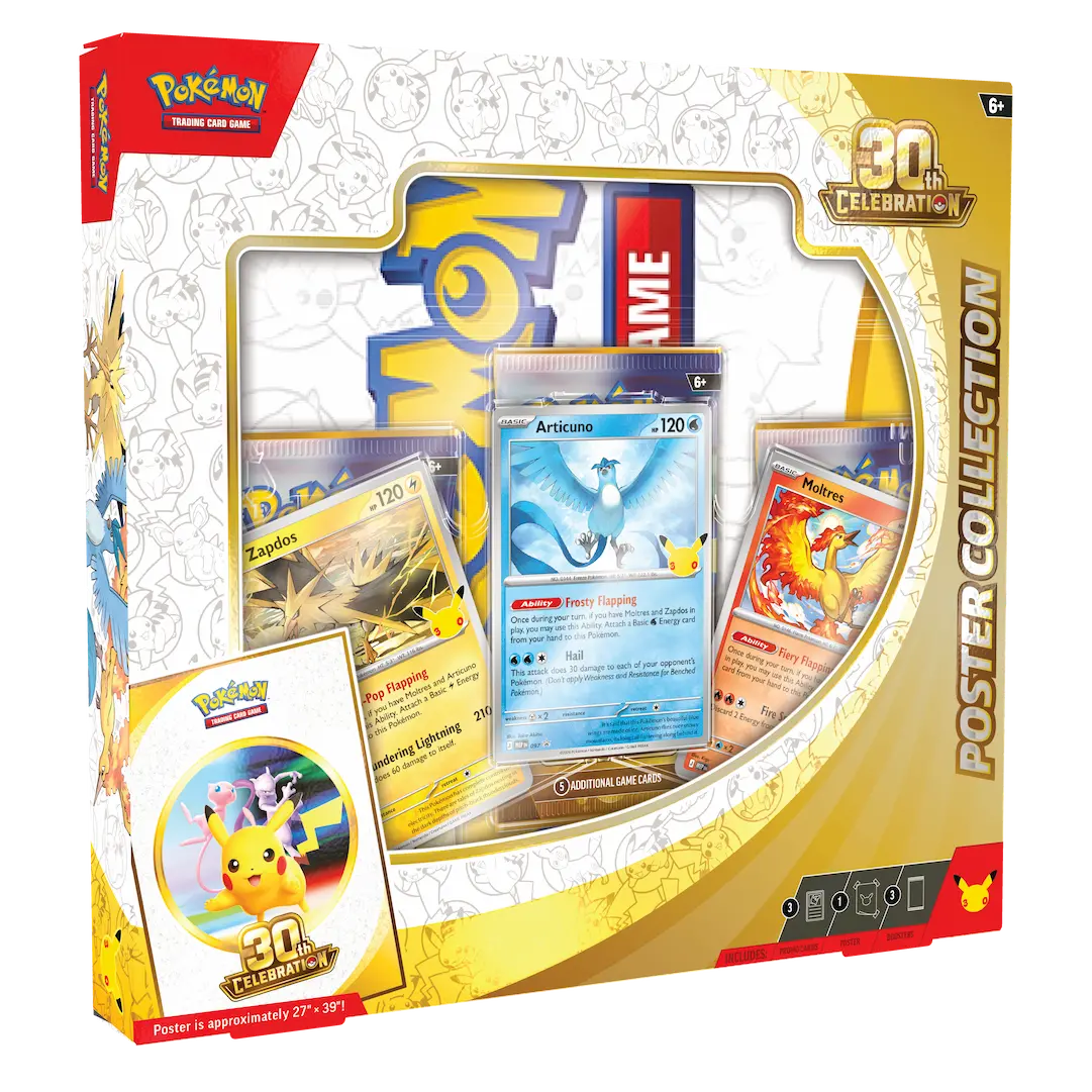 The Pokémon Company’s Pokémon TCG: 30th Celebration Poster Collection features a Pikachu badge, Articuno, Zapdos, and Moltres cards, plus a visible rolled poster in yellow and white packaging.
